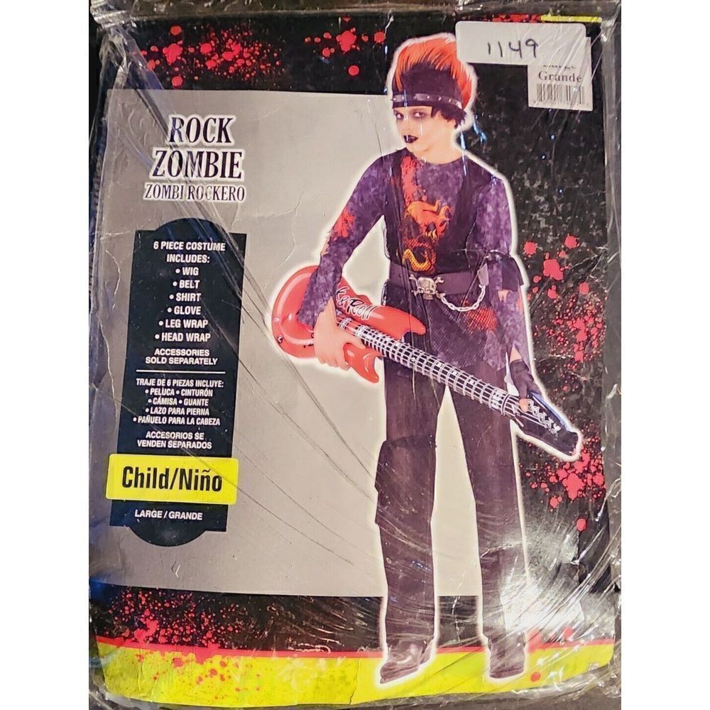 Rock Zombie Costume Rockstar Kids Size L 12-14 Halloween 6pc Wig Included